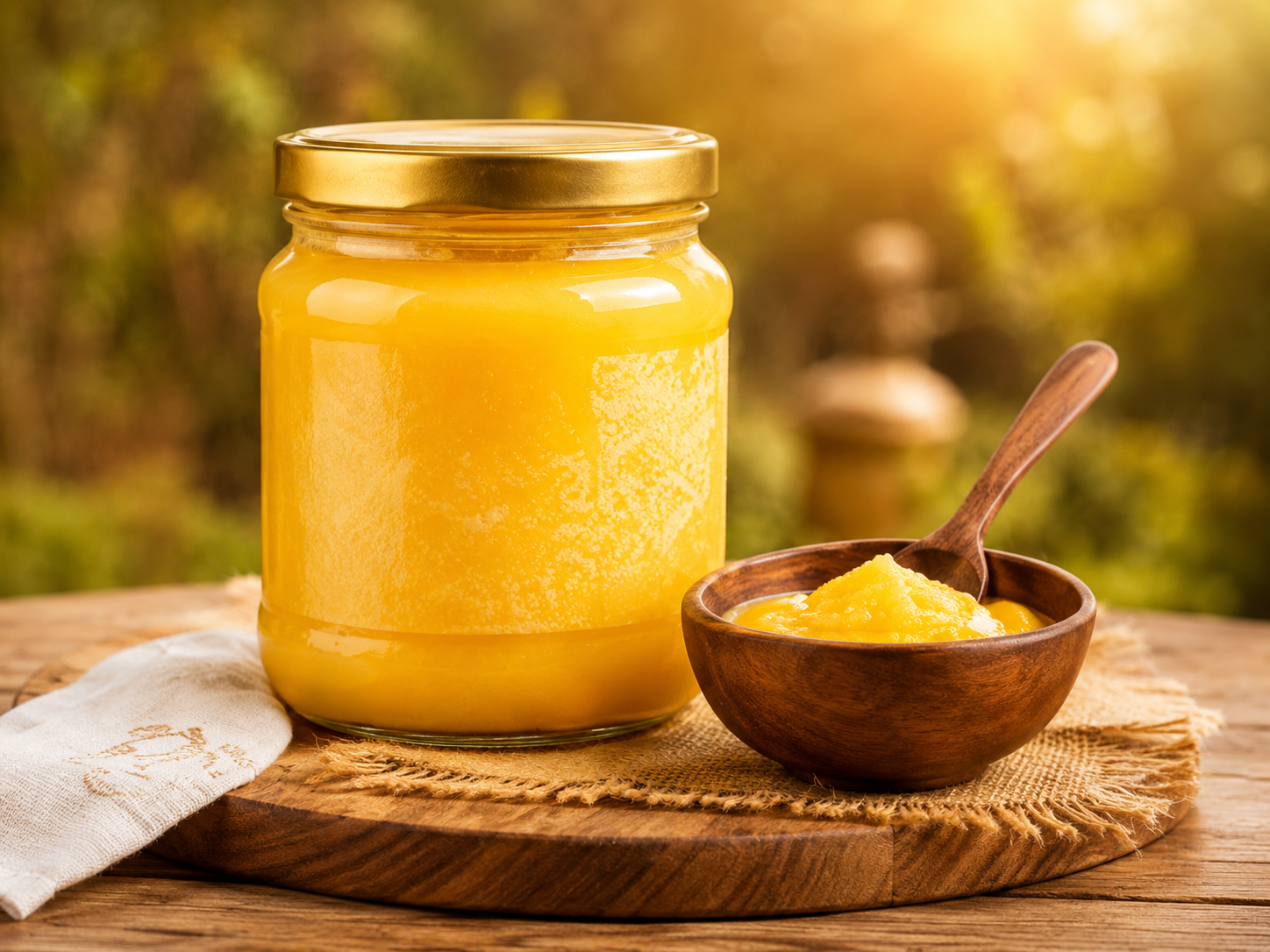 Sudh Desi Ghee in a glass jar with a wooden bowl and spoon